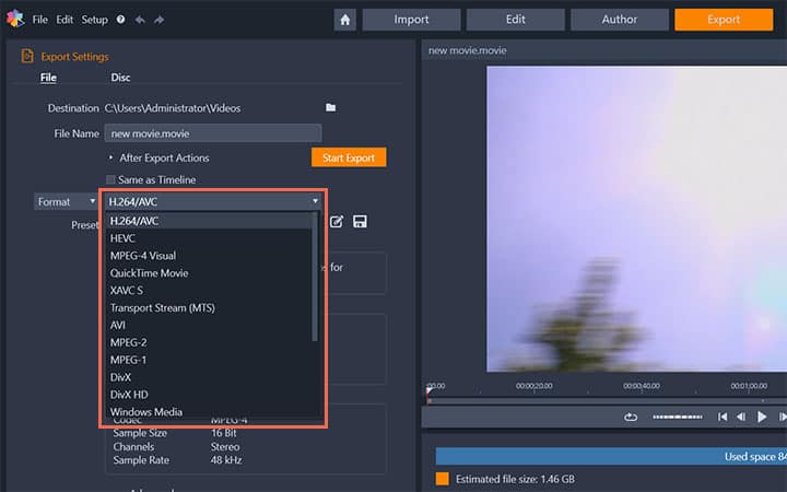 pinnacle studio 21 best export format